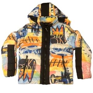 Roku Studio Mens Graffiti Art Puffer Jacket Hooded Multi Color Abstract Size L